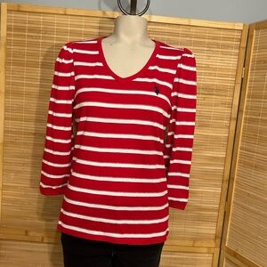 US Polo Assn. red white striped top v-neck 3/4 sleeve shirt woman’s medium